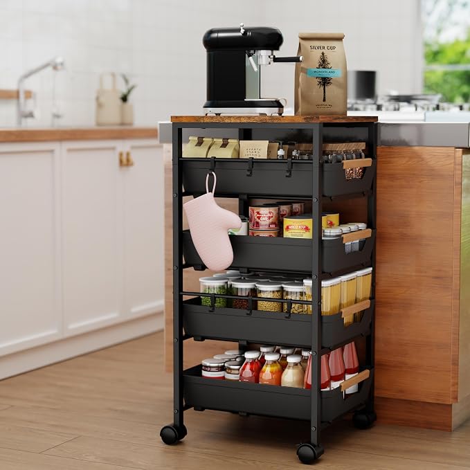 5-Tier Kitchen Storage Cart, Wood Top Rolling Cart Organizer - Image 2