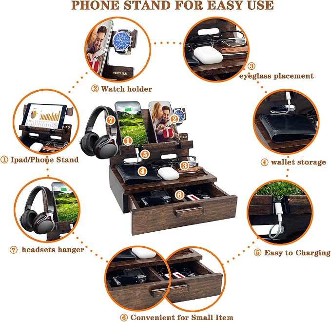 Gifts for Men Women Husband Son Boyfriend Him Nightstand Organizer Wood Phone - Image 5
