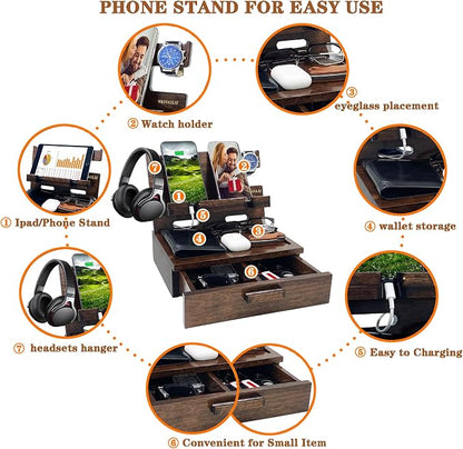 Gifts for Men Women Husband Son Boyfriend Him Nightstand Organizer Wood Phone - Image 5
