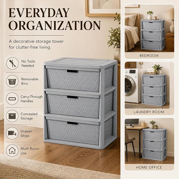 Wide 3-Drawer Plastic Storage Tower, Decorative Organizer Chest, BPA-free - Image 3