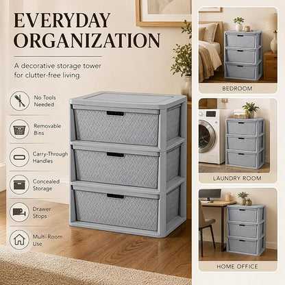 Wide 3-Drawer Plastic Storage Tower, Decorative Organizer Chest, BPA-free - Image 3