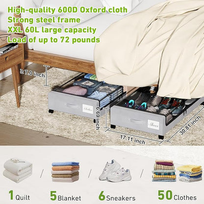 Tututry Under Bed Storage with Wheels, XXL 60L Under the Bed Storage Bins - Image 2