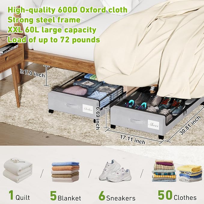 Tututry Under Bed Storage with Wheels, XXL 60L Under the Bed Storage Bins - Image 2