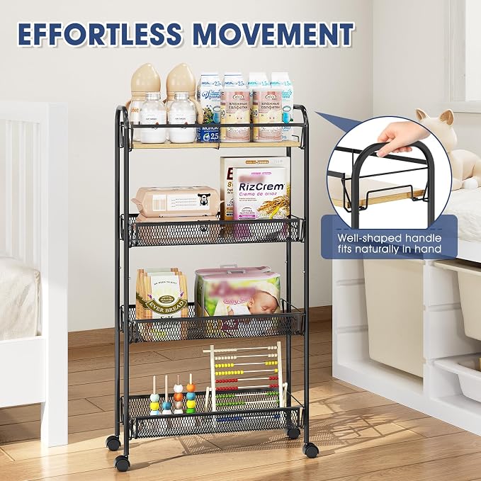 TOOLF 4-Tier Slim Rolling Cart, Metal Utility Cart, Slide Out Storage Cart - Image 3