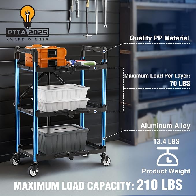 WORKPRO 3-Tier Collapsible Service Cart, 210 LBS Foldable Utility Service Cart - Image 4