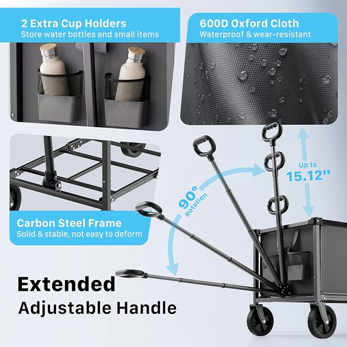 29.3" Collapsible Wagon Cart, 150L Heavy Duty Folding Utility Wagon - Image 7