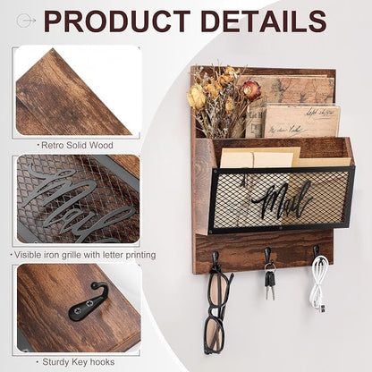 Yalikop Farmhouse Mail Organizer Wall Mounted Rustic Mail Holder Hanging Key - Image 3