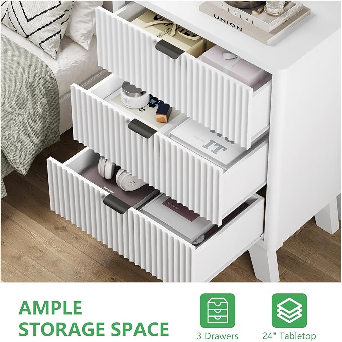 Fluted Nightstand with 3 Storage Drawers, Mid Century Modern Wooden Side Table - Image 4