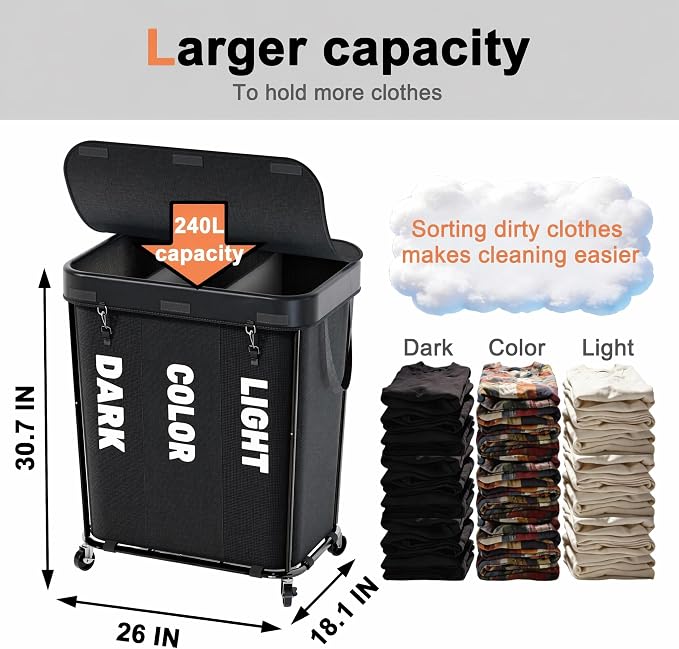 Laundry Sorter with Wheels 240L Rolling Laundry Cart, 3 Compartment Designed - Image 2