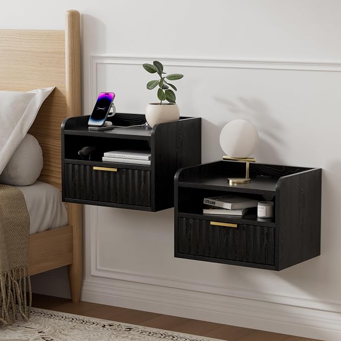 Fluted Floating Nightstand Set of 2, Wall Mounted Bedside Table by EYYTHUNG