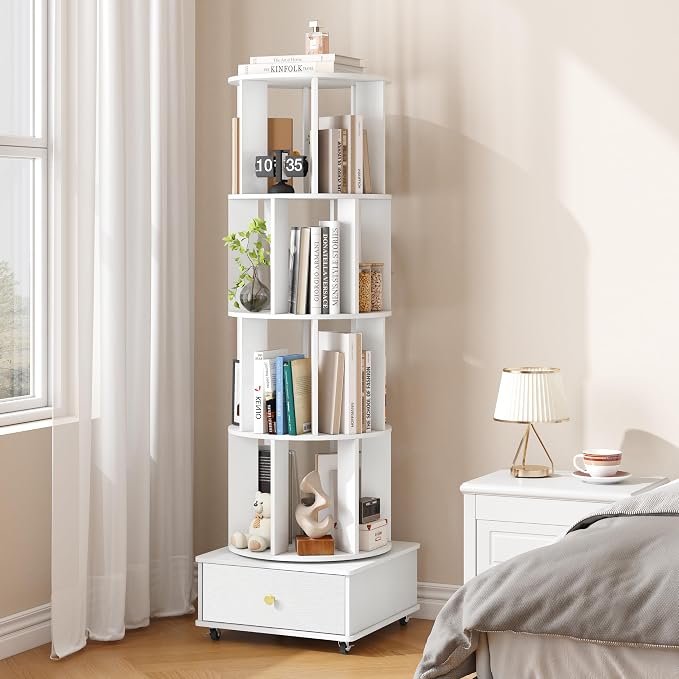 4 Tier Wood Rotating Bookshelf, 360° Spinning Bookshelf Tower - Image 9