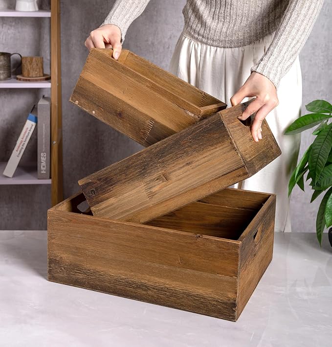 TIMRIS Set of 3 Rustic Distressed Wood Nesting Crates, Farmhouse Decorative - Image 4