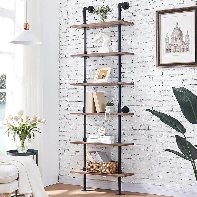 HOMBAZAAR Industrial Pipe Bookshelf, 6 Tier Pipe Shelving, Wall Mounted Ladder by Hombazaar