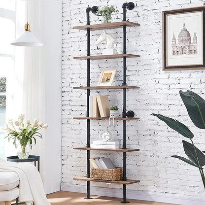 HOMBAZAAR Industrial Pipe Bookshelf, 6 Tier Pipe Shelving, Wall Mounted Ladder by Hombazaar