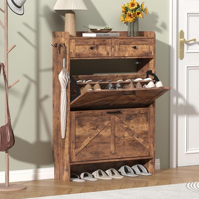 Thacuok Shoe Cabinet with 2 Flip Drawers & 2 Storage Drawers, Rustic Farmhouse by Thacuok