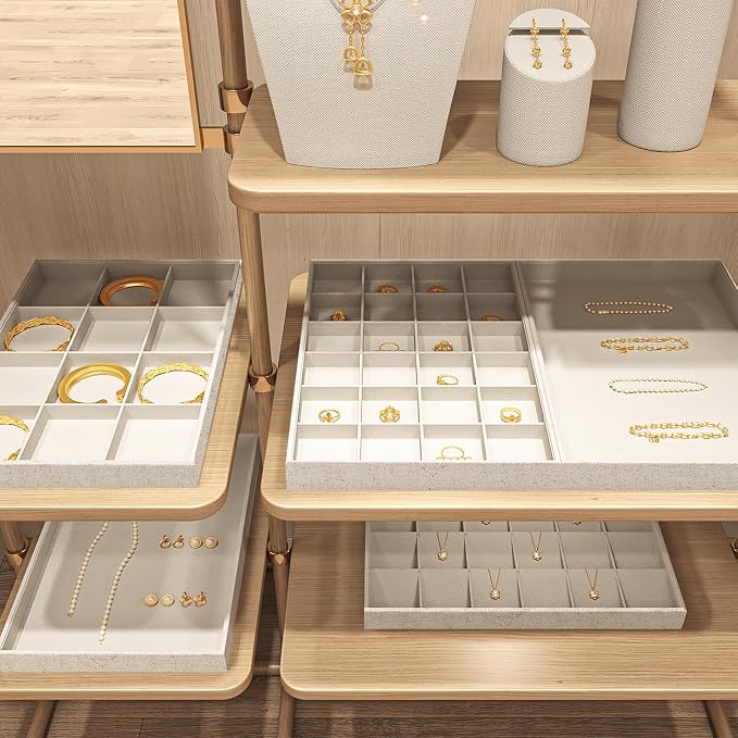 Oirlv Stackable Linen Jewelry Tray Adjustable 24 Grid Jewelry Storage Case - Image 9