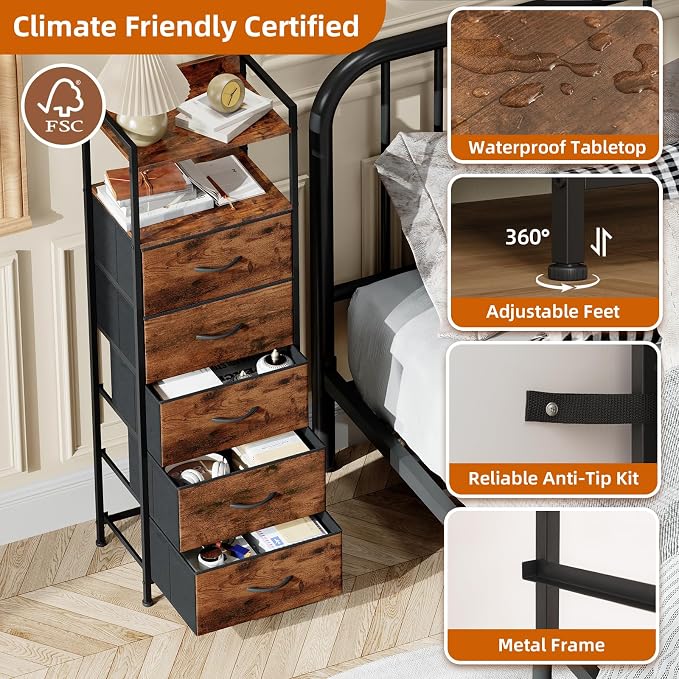 Somdot Tall Nightstand with 5 Drawers, Vertical Fabric Dresser - Image 6