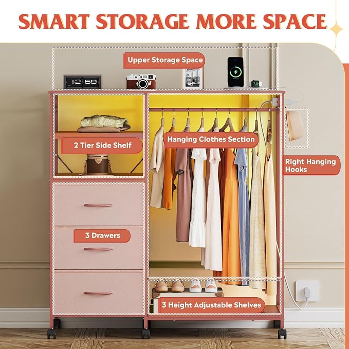 WLIVE Pink Dresser with Hanging Rack - Image 4