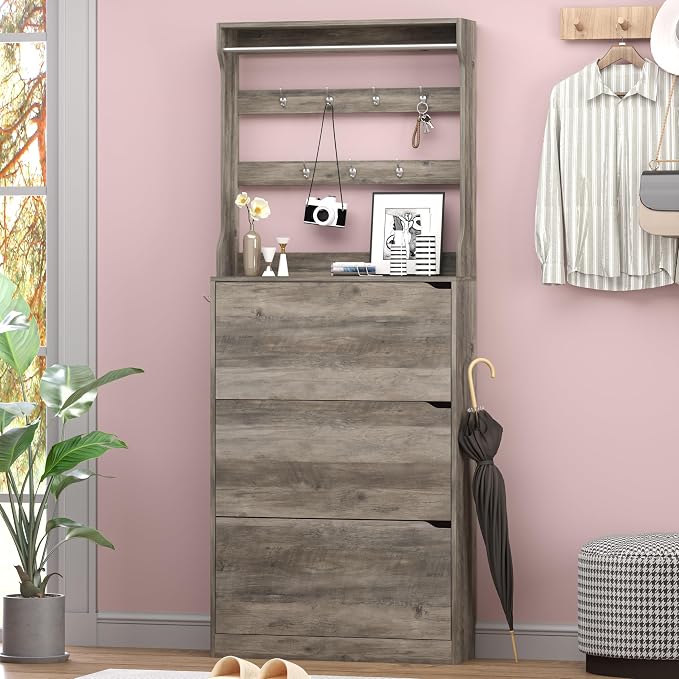BORNOON Shoe Cabinet with 3 Flip Drawers & Coat Rack, Narrow Hidden Shoe - Image 3