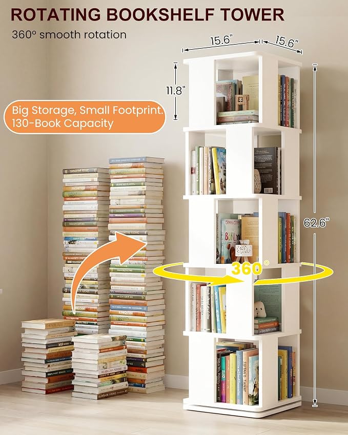 5-Tier Rotating Bookshelf Tower, 360° Square Spinning Book Shelf | Floor - Image 2