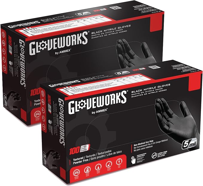 GLOVEWORKS Black Nitrile Gloves 5 Mil Disposable, Latex Free, Textured Grip by GLOVEWORKS