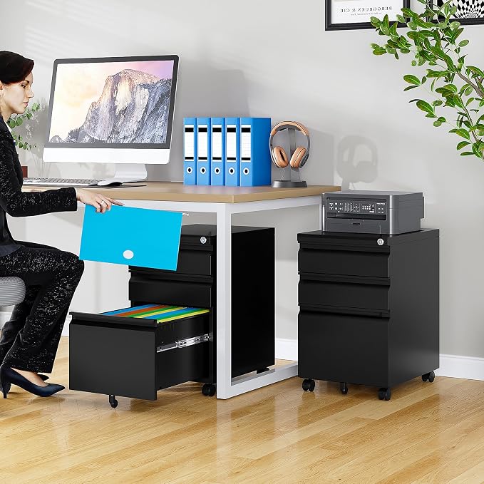 3 Drawer File Cabinet with Lock, Under Desk File Cabinet with Wheels, Three - Image 2
