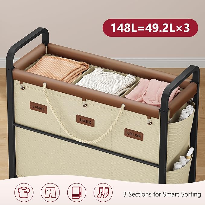 Tajsoon 148L Large Laundry Sorter 3 Section, Laundry Hamper - Image 4