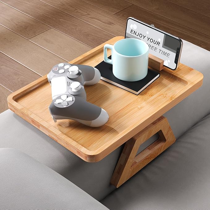 Couch Arm Tray with 360°Phone, Bamboo Folding Sofa Tray, Sofa Armrest Trays - Image 3