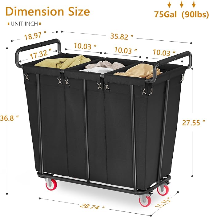 Large laundry hamper with Wheels, 360L 3 Bag Big Rolling Laundry Hamper Sorter - Image 5