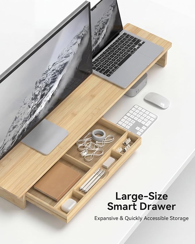 42” Monitor Stand with Large Drawer Keyboard Storage, Bamboo | Dual Computer - Image 3