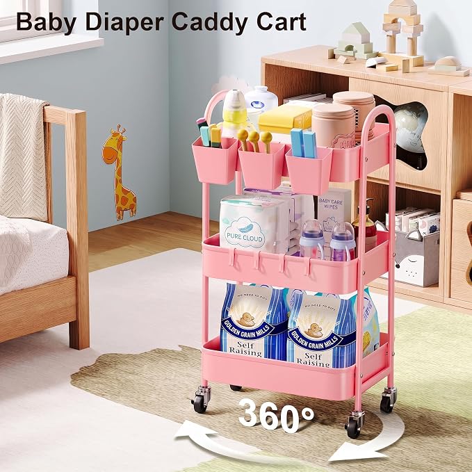 3 Tier Metal Rolling Cart with Lockable Wheels and Handle, Three Tiered Pink - Image 2