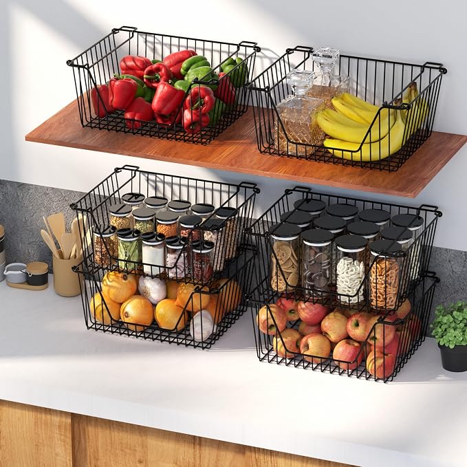 Stackable Wire Metal Baskets Sturdy Cabinet Organizer Wire Pantry Freezer Bin - Image 5