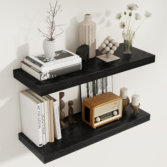 Black Floating Shelves for Wall, 27.5 Inch Bathroom Shelves Set of 2, Rustic by FunMemories
