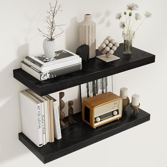 Black Floating Shelves for Wall, 27.5 Inch Bathroom Shelves Set of 2, Rustic by FunMemories