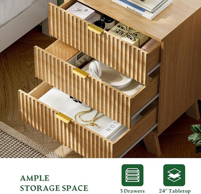 Fluted Nightstand with Charging Station, Modern Wood Side Table Night Stand - Image 5