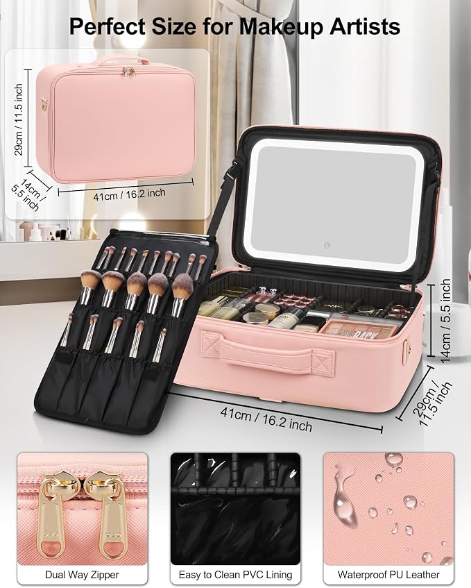 Relavel Makeup Bag with LED Mirror, 16.2 inches Large Makeup Case Travel - Image 5