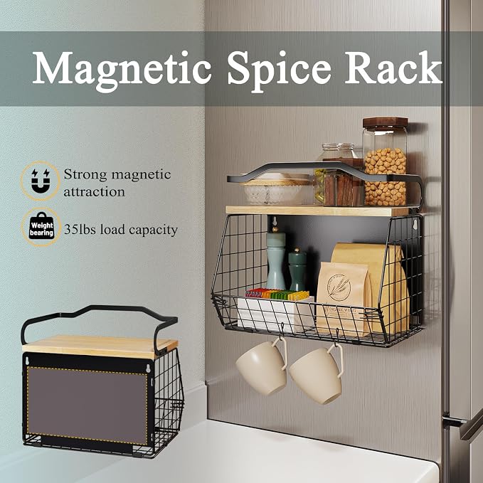 Magnetic Shelf for Fridge with Wood Lid, Fruit Potato and Onion Storage Bins - Image 2