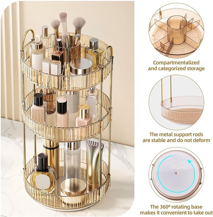 360° Rotating Makeup Organizer, Large-Capacity Skincare Make Up Storage 3 Tier - Image 4