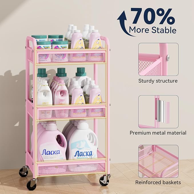 YASONIC 3 Tier Rolling Cart – Metal Utility Storage Cart - Image 4