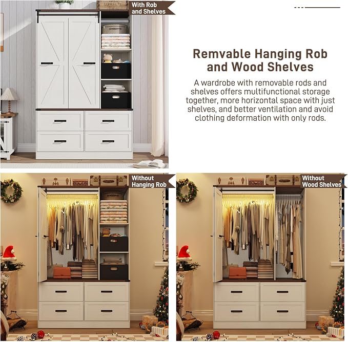 Farmhouse 3 Doors Armoire Wardrobe Closet w/Folding Sliding Barn Door and Lights - Image 8