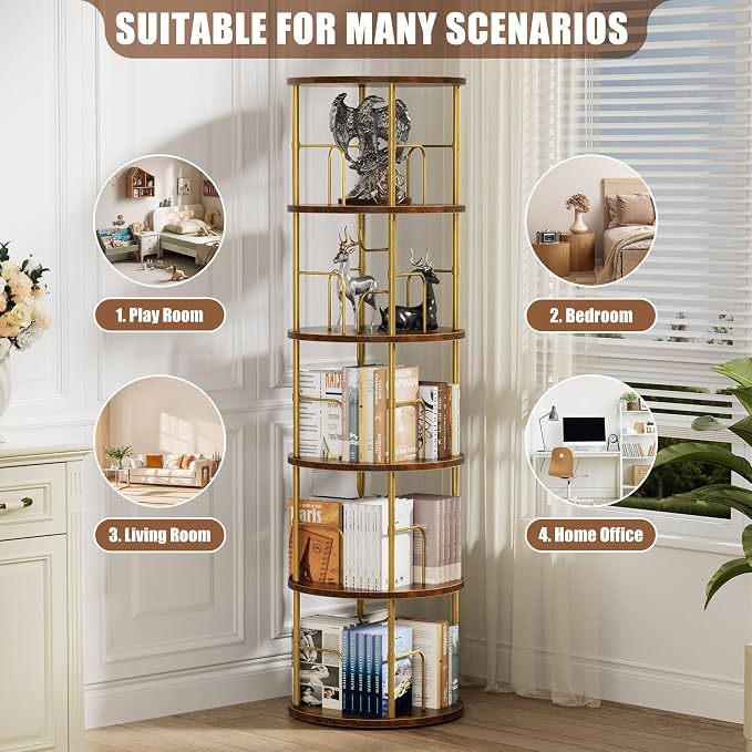 Flycity 5 Tier Rotating Bookshelf, 360° Corner Bookshelf Tower, Round Revolving - Image 6