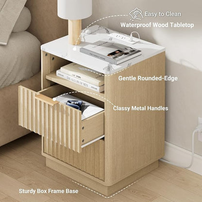 Fluted Night Stand Set 2 with Charging Station, 2 Drawers End Table with Storage - Image 5