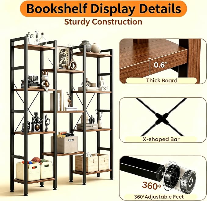 HealSmart Triple Column 4 Tier Bookshelf, Industrial Bookcase - Image 5