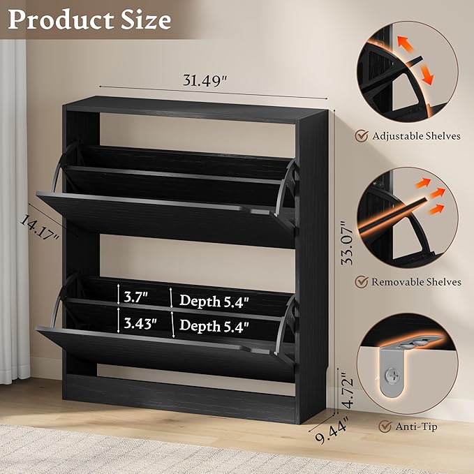 BORNOON Shoe Cabinet with 2 Flip Drawers, Slim Narrow Shoe Storage Cabinet - Image 2