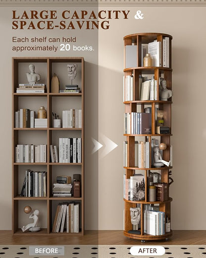 6 Tier Solid Wood Rotating Bookshelf on Wheels, 360° Spinning Book Shelf Tower - Image 3