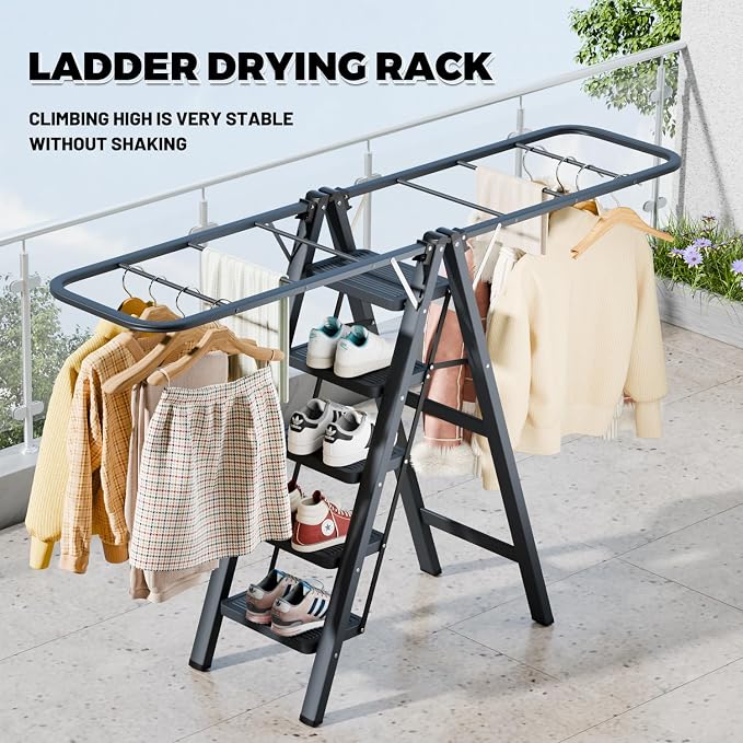 Multi-Functional 5 Step Ladder Used as Clothes Drying Rack, Sturdy Carbon Steel - Image 3