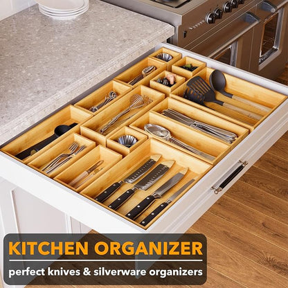 SpaceAid 14-Piece Bamboo Drawer Organizer Storage Boxes Set, Wood Tray Junk - Image 4
