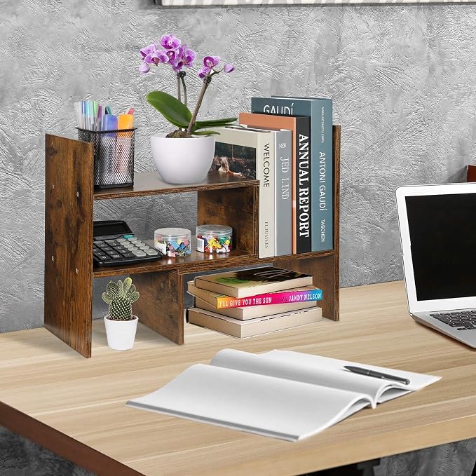 Sorfity Expandable Wood Desktop Bookshelf Desktop Organizer Office Storage Rack - Image 5