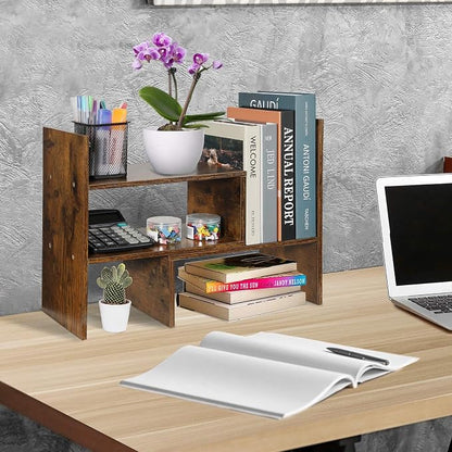 Sorfity Expandable Wood Desktop Bookshelf Desktop Organizer Office Storage Rack - Image 5