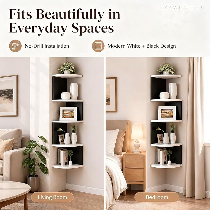 No-Drill Corner Shelf Wall Mount, 5-Tier Floating Corner Bookshelf - Image 8